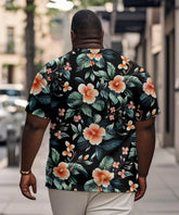 Men's Plus Size Hawaiian Leaf Floral Print Henry Collar Button Short Sleeve Tee